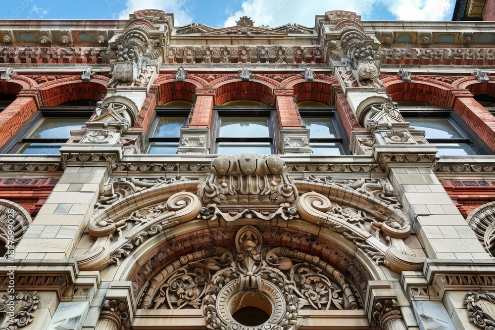 Poster a low-angle view of a historic building with intricate stonework and arched windows, a historic buil