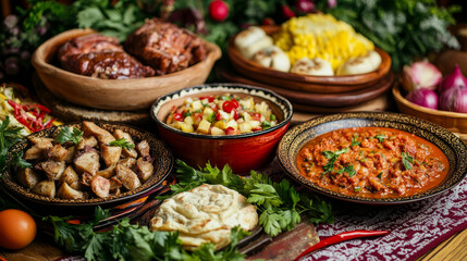 Traditional Russian cuisine culture dish course food welcome to Russia gourmet national meal vector illustration