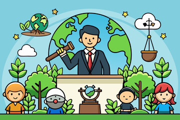 Cartoon of an environmental lawyer holding a gavel in front of the globe, advocating for nature with children and animals surrounding a green world
