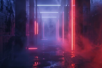 Futuristic Neon Corridor with Atmospheric Lighting and Reflections