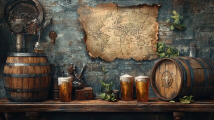 Interior scene with barrels glasses of beer and map