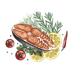 Sliced red fish with tomatoes, lemon and herbs. A hand-drawn watercolor illustration. A color image of a fish dish. For menus, recipe books, packages, labels, invitations and banners.