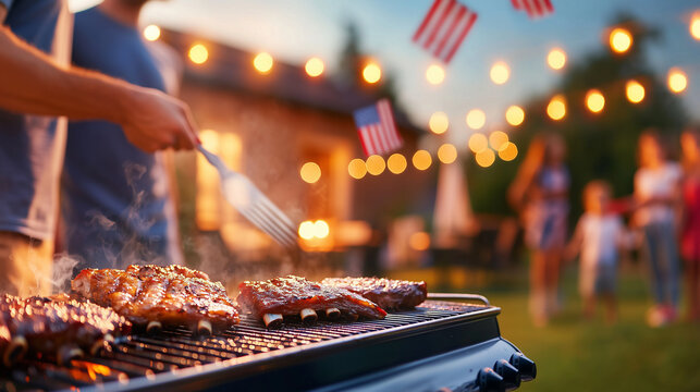 Fourth of July BBQ with Grilling Couple and Kids at Twilight Patio