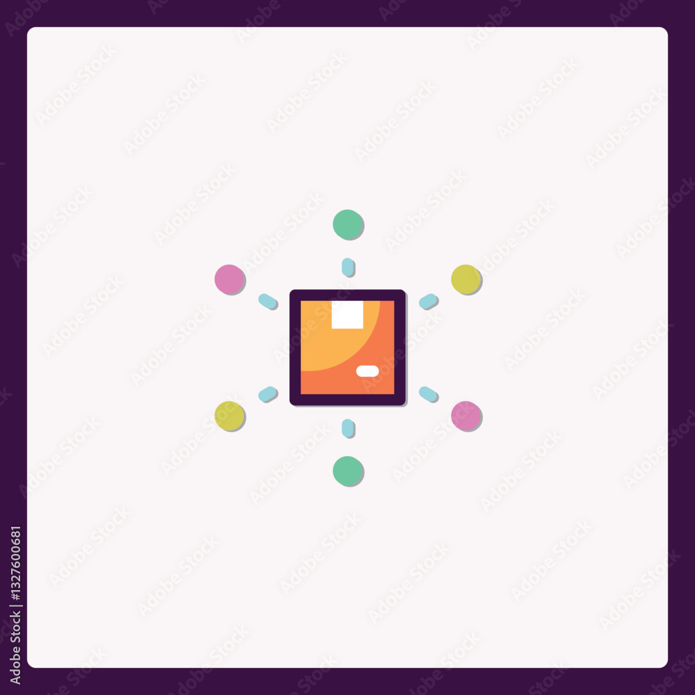 Poster centralized network concept with colorful nodes connected to a square icon