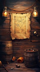 Naklejka premium An aged treasure map and barrels adorn a rustic wooden wall