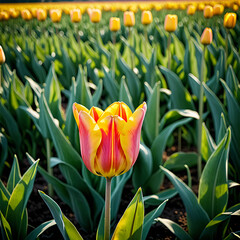 Naklejka premium Single Pink and Yellow Tulip with Vibrant Energy Blooming Against a Field of Tulips Background