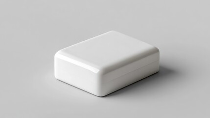 Elegant white rectangular soap bar with a glossy surface placed on a neutral gray background. Ideal for luxury skincare branding, minimalist beauty product mockups, organic self-care packaging.