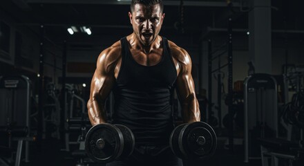 A muscular man in a black tank top lifts dumbbells in a gym, showing intense focus and strength. Sweat glistens on his toned arms as he works out in a dimly lit fitness environment