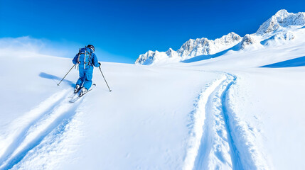 Backcountry skier carving fresh tracks through pristine snow on a sunny winter day in the mountains