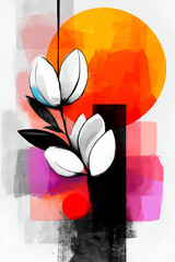 Abstract floral design featuring bold colors and shapes, with a sunny background accentuating white flowers in a modern artistic style