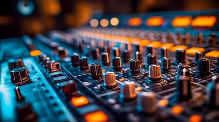 Close up of a sound board with many knobs and buttons. The knobs are orange and black and the buttons are also orange. Concept of creativity and musicality