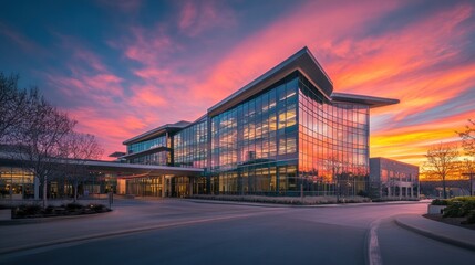 Modern Office Building Sunset Sky Reflection