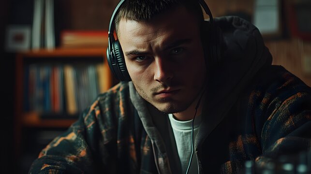 Man wearing headphones and a hoodie is sitting in a room with a lot of books. He looks angry and is staring at the camera - Powered by Adobe