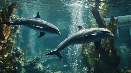 Obraz premium Dolphins Playfully Swimming in Clear Underwater Waters