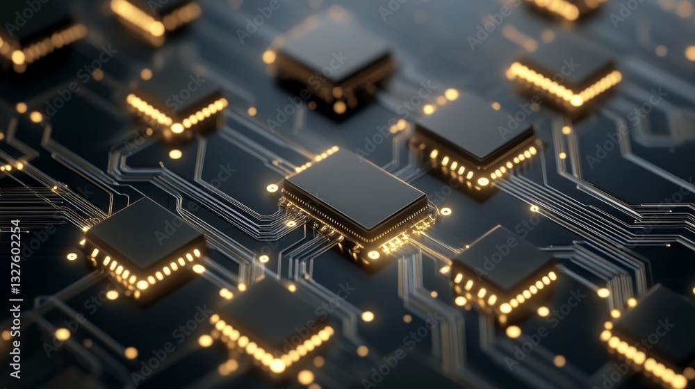 Poster abstract digital network circuit board background featuring glowing connections and data dots in blu