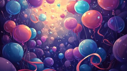 Colorful Balloons Ascending Towards A Bright Light