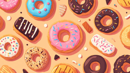 Cookies pastry pattern flat vector illustration. Sweetness biscuit doughnut, delicious sweet treat, design for candy wrappers. Advertisement chocolate food, confectionery and sugary dish.