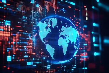 Fototapeta premium Abstract digital planet Earth in space with glowing light effects on a blue background