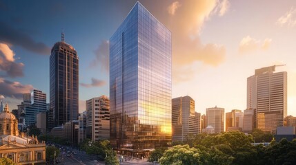 Naklejka premium Modern Skyscraper Cityscape at Golden Sunset Hour