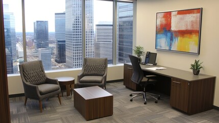 Modern office space in a skyscraper with cityscape view