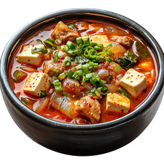 A Bowl of Korean Kimchi Jjigae Spicy Stew with Tofu and Vegetables Isolated on Transparent Background