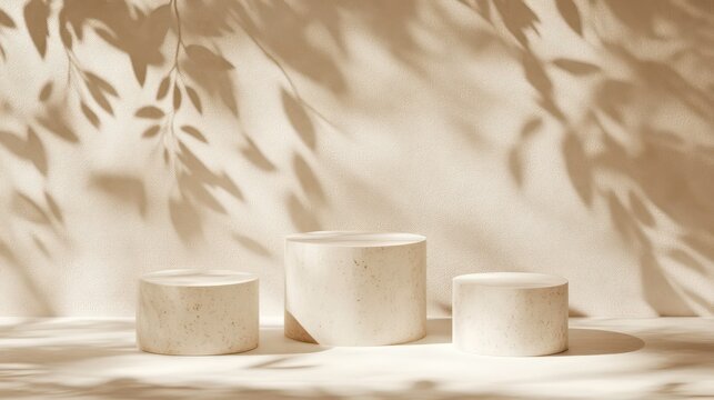 Three neutral podiums of varying heights stand on a beige surface with dappled light and shadows from leafy branches. Ideal for showcasing natural or organic products