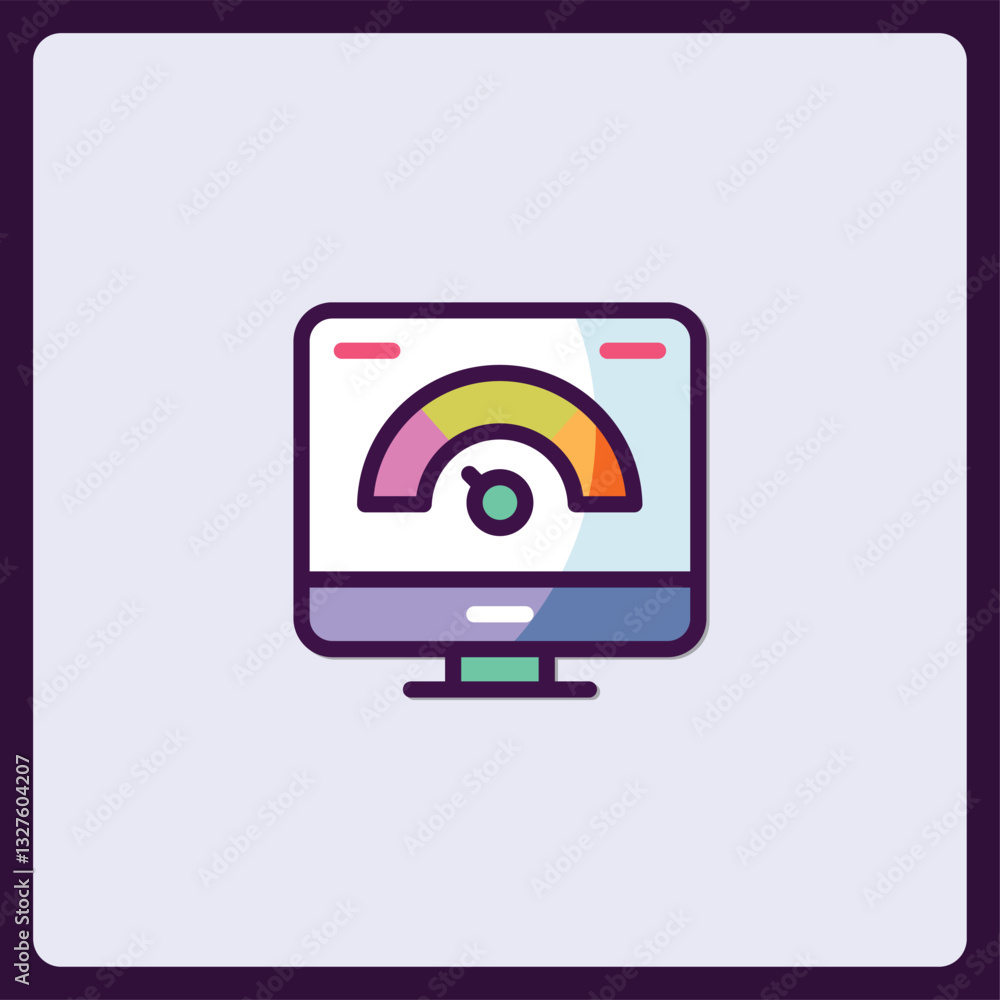 Poster illustrative icon of computer monitor displaying a colorful performance meter