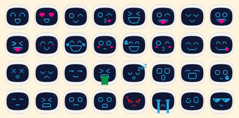 Set of pixelated robot face emojis with various expressions in digital style