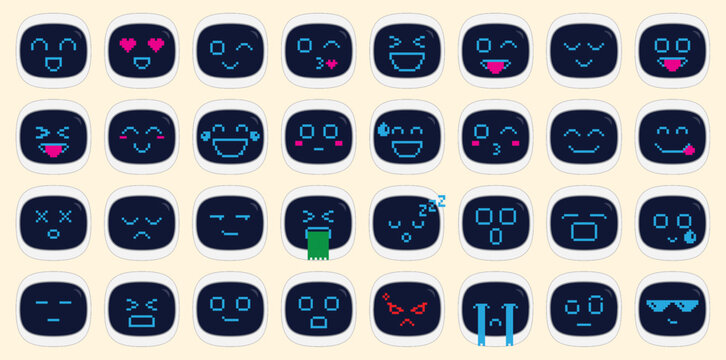 Set of pixelated robot face emojis with various expressions in digital style