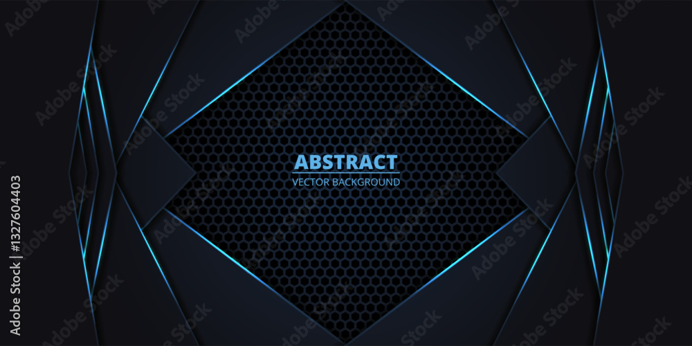 Poster Dark abstract vector background with hexagon grid and blue luminous lines. Technology futuristic background with honeycomb grid and carbon fiber.
