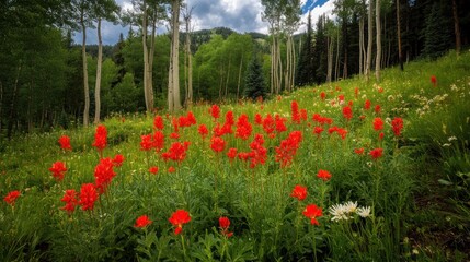 Fototapeta premium Vibrant Red Indian Paintbrush Blooms in Mountain Meadow