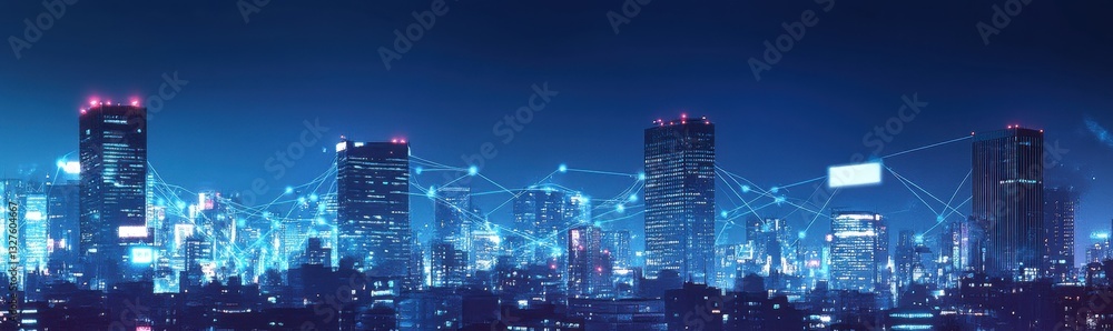 Aufkleber a city skyline with network connections and digital data flowing between buildings, representing glo