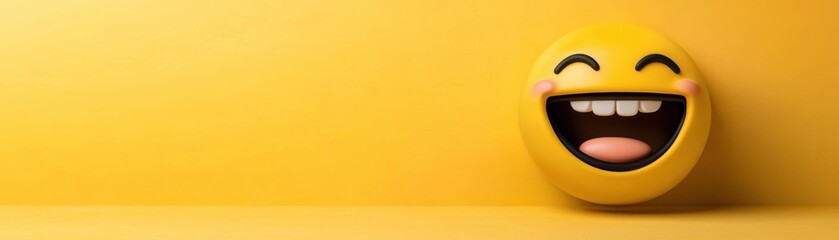 Fototapeta premium A vibrant yellow background with a large, cheerful smiley face expressing joy, This image can be used for social media posts, marketing materials, or to convey positivity in articles and blogs,