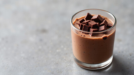 Chocolate mousse with chocolate chunks in glass cup - elegant dessert photography for recipe blogs, restaurant menus, cooking websites and confectionery marketing