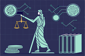 Abstract representation of a futuristic AI lawyer balancing justice and technology, with digital interfaces and data driven elements surrounding them