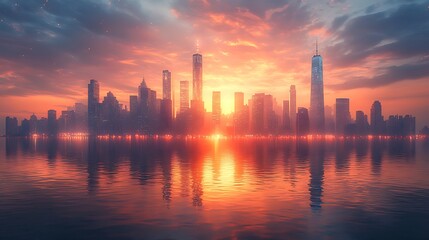 Fototapeta premium Golden Sunset Reflecting On City Skyline high resolution hd background