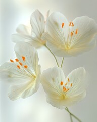 Fototapeta premium In the midst of a gentle gray setting, a white flower with a golden heart blooms, producing a serene and graceful image