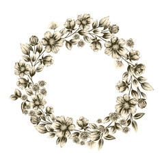 Vintage monochrome wreath of blooming flowers and herbs. Floral watercolor design in beige and dark olive tones.