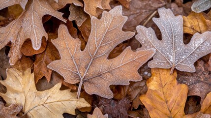 Frosted oak leaves cover the ground in autumnal color