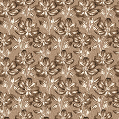 Abstract pattern of large light chocolate flowers on a mocha background. Beautiful stylization of oil paint, seamless print.