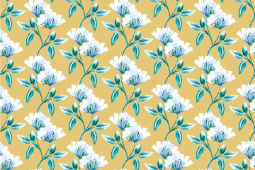 Vintage wallpaper with turquoise flowers. Seamless watercolor floral print, light yellow background.