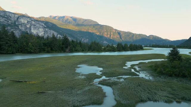 Aerial view of Fraser river valley and mountain landscape in British Columbia
