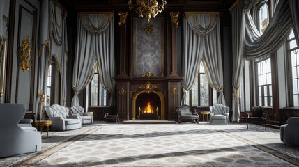 The interior of a Victorian mansion featuring an expansive room with towering windows, draped in light gray velvet