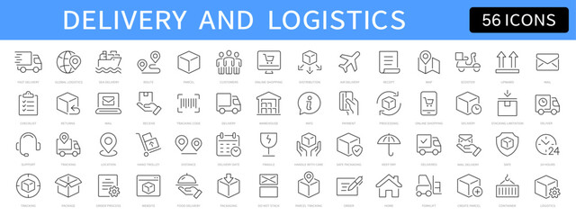 Delivery and Logistics thin line icons set. Delivery, shipping, tracking, parcel, box icon. Editable stroke. Vector 