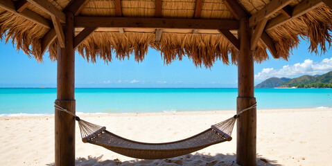 Tropical beach hut with hammock overlooking turquoise ocean - paradise vacation imagery for travel websites, tourism marketing, holiday booking platforms and resort advertising