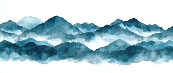 A tranquil landscape illustration showcasing mountains layered in blue and green tones, enhancing a serene atmosphere with a subtle, gradient sky