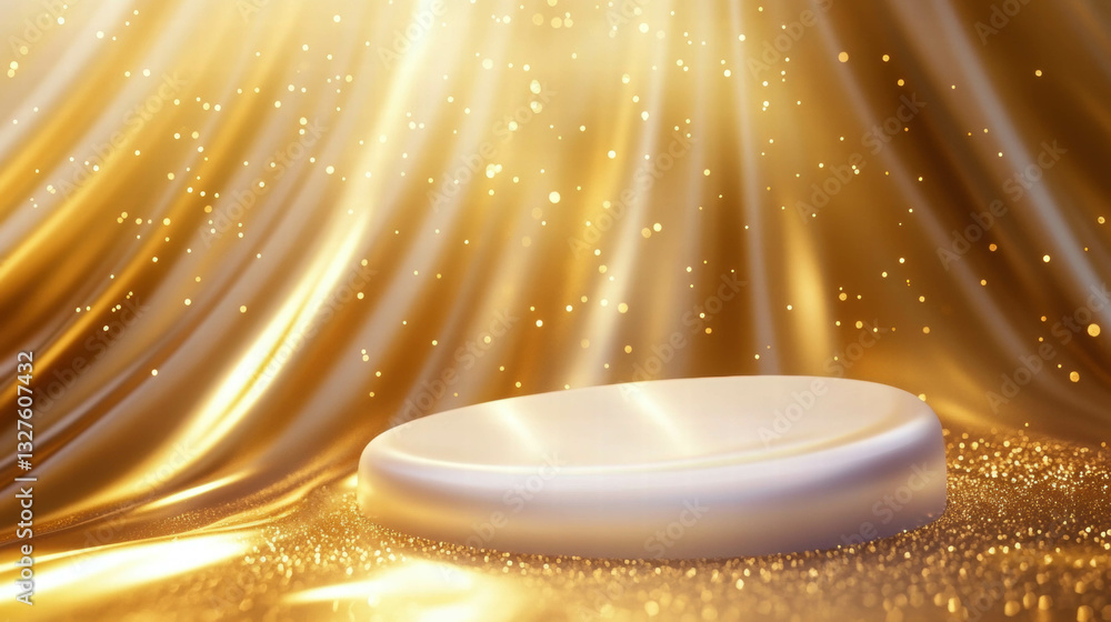 Poster elegant abstract background with golden drapes and podium for display