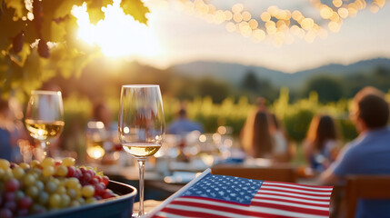 Independence Day family picnic in a vineyard at sunset