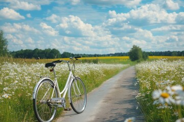 Obraz premium White Bicycle in a Daisy Field on a Sunny Summer Day