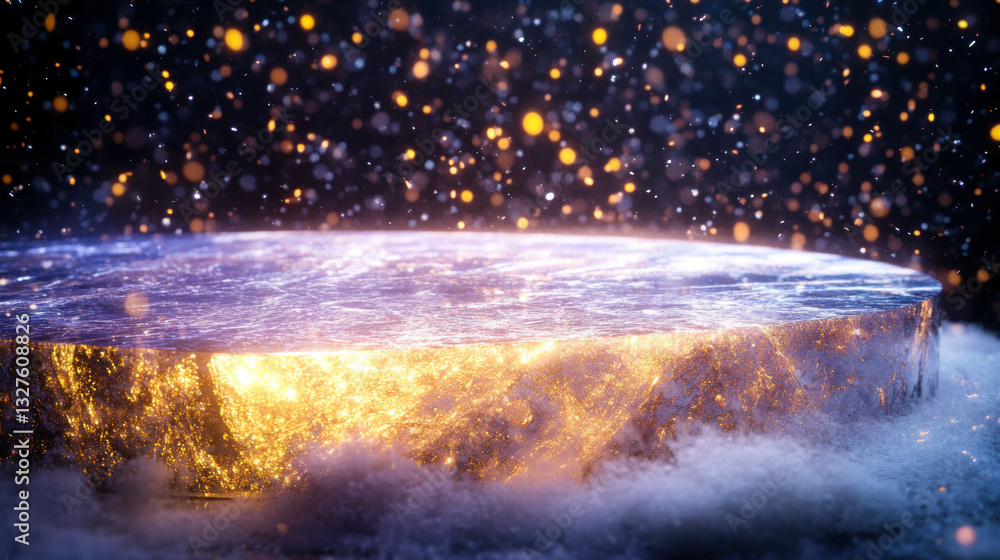 Poster abstract background with textured podium and glowing particles